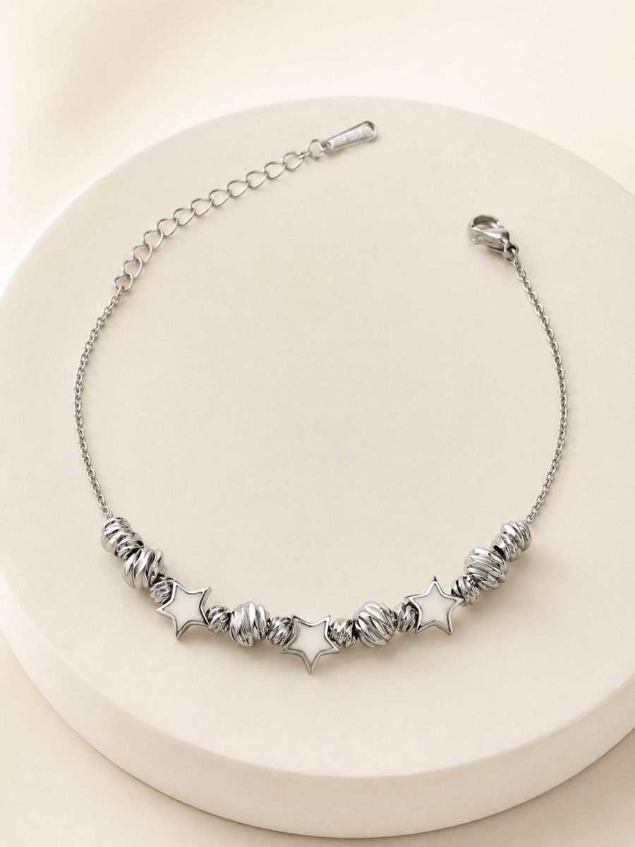 Eternos Acessórios - Pulseira Feminina Aço Inox 316L Estrelas Madri Pérola