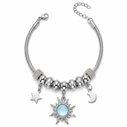 Pulseira Feminina Aço Inox 316L Berloque Sol Azul Estrela e Lua