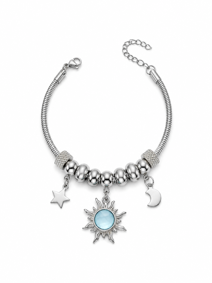 Eternos Acessórios - Pulseira Feminina Aço Inox 316L Berloque Sol Azul Estrela e Lua