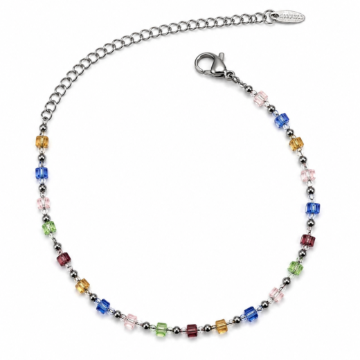 Pulseira Feminina Aço Inox 316L Bolinhas e Cristais Coloridos