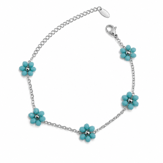 Pulseira Feminina Aço Inox 316L Flores Azul Turqueza