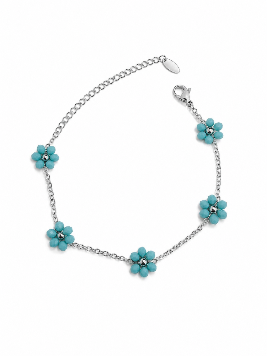 Eternos Acessórios - Pulseira Feminina Aço Inox 316L Flores Azul Turqueza