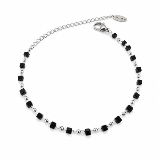 Pulseira Feminina Aço Inox 316L Bolinha e Cristais Preto