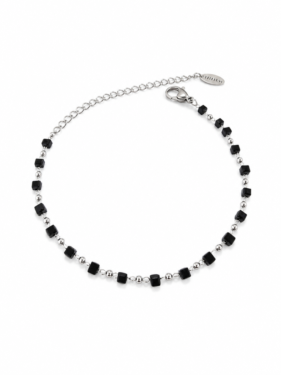 Eternos Acessórios - Pulseira Feminina Aço Inox 316L Bolinha e Cristais Preto
