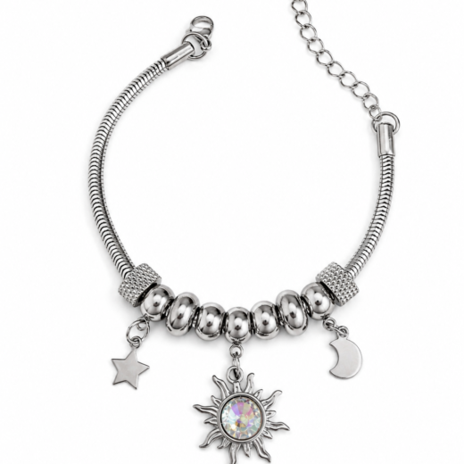 Pulseira Feminina Aço Inox 316L Berloques Sol Boreal, Lua e Estrela