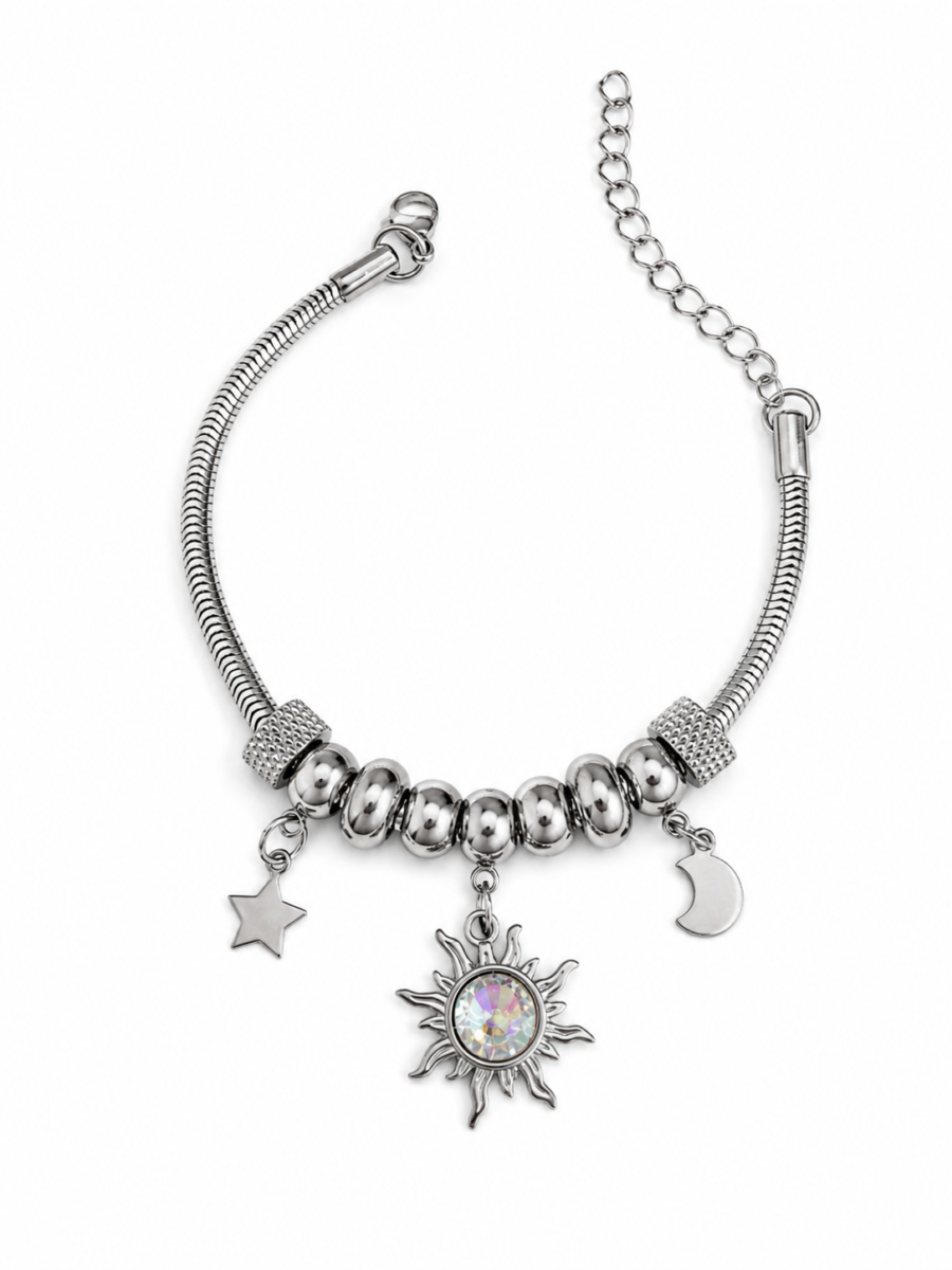 Eternos Acessórios - Pulseira Feminina Aço Inox 316L Berloques Sol Boreal, Lua e Estrela Eternos Acessórios - Pulseira Feminina Aço Inox 316L Berloques Sol Boreal, Lua e Estrela