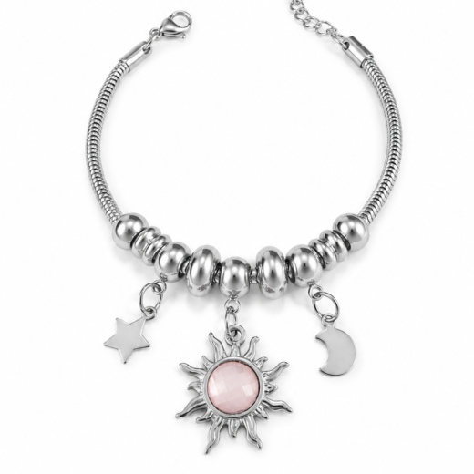Pulseira Feminina Aço Inox 316L Berloque Sol Rosa Lua e Estrela