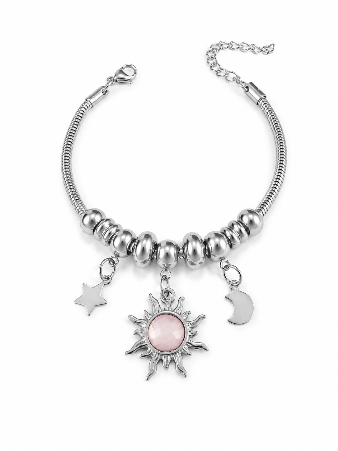 Eternos Acessórios - Pulseira Feminina Aço Inox 316L Berloque Sol Rosa Lua e Estrela