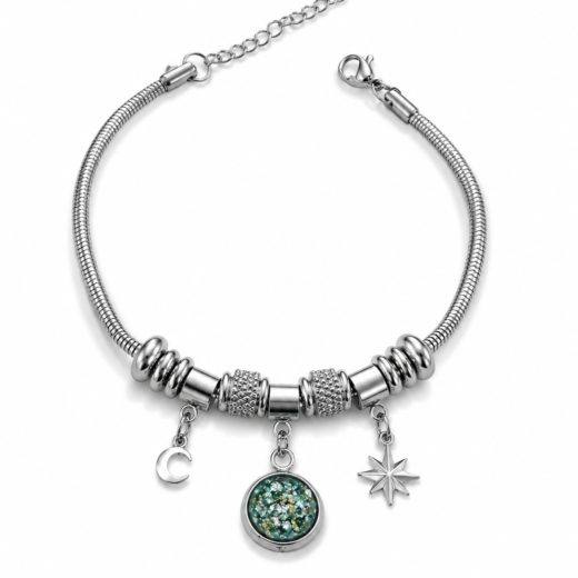 Pulseira Feminina Aço Inox 316L Berloque Pedra Exotérica Lua e Estrela