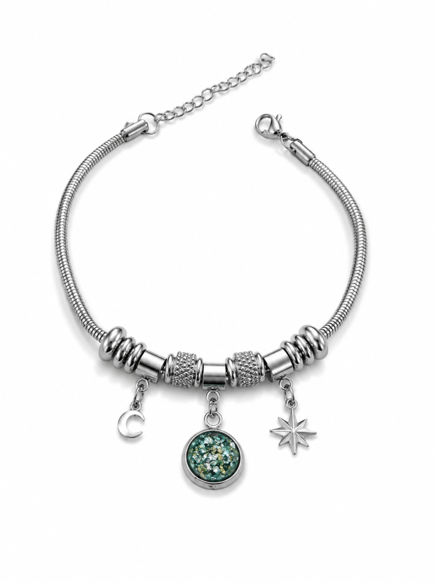 Eternos Acessórios - Pulseira Feminina Aço Inox 316L Berloque Pedra Exotérica Lua e Estrela