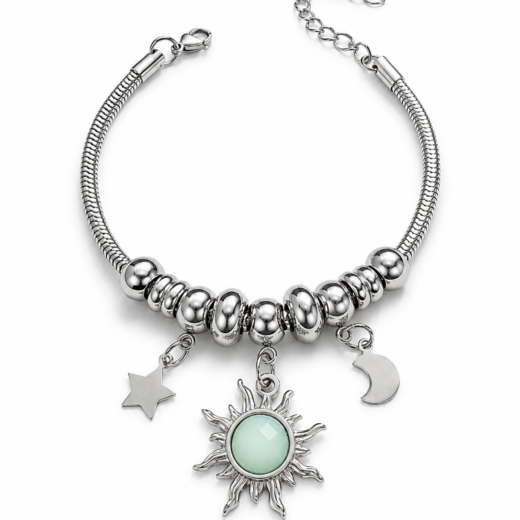 Pulseira Feminina Aço Inox 316L Berloque Sol Verde Lua e Estrela