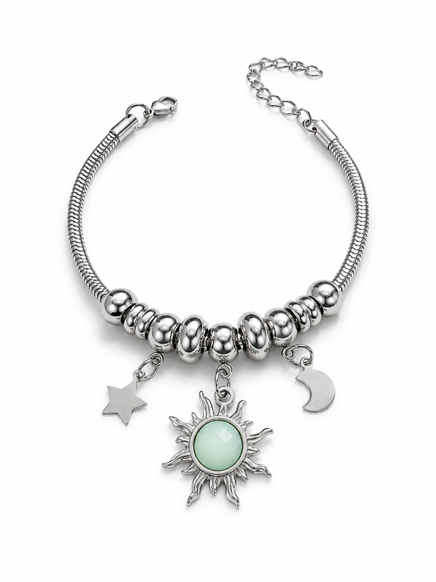 Eternos Acessórios - Pulseira Feminina Aço Inox 316L Berloque Sol Verde Lua e Estrela