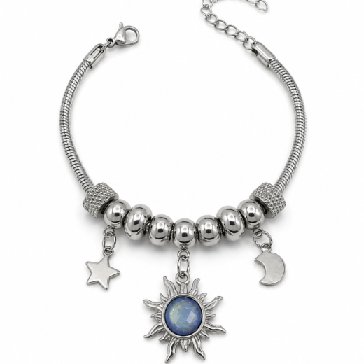 Pulseira Feminina Aço Inox 316L Berloque Sol Boreal Lua e Estrela