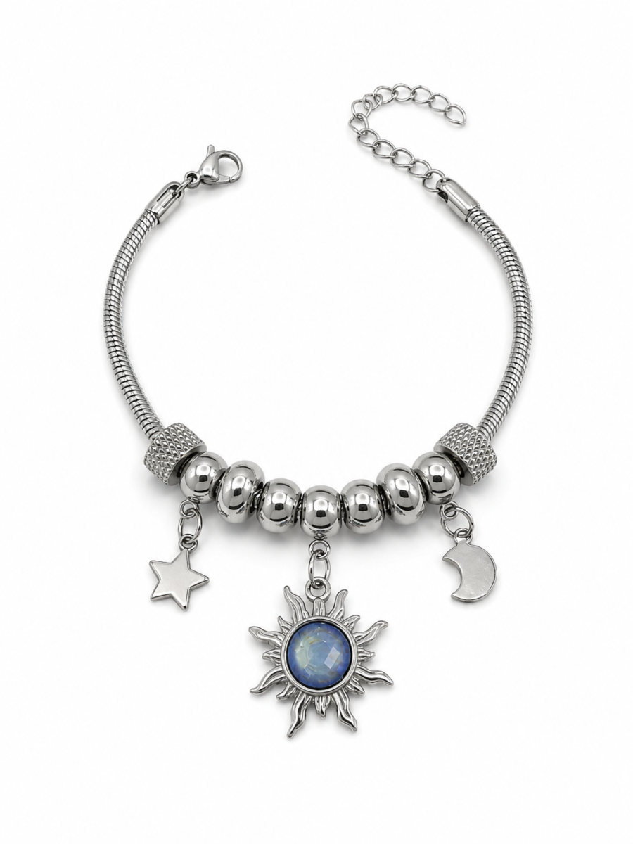 Eternos Acessórios - Pulseira Feminina Aço Inox 316L Berloque Sol Boreal Lua e Estrela