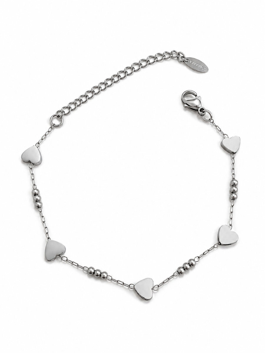 Eternos Acessórios - Pulseira Feminina Aço Inox 316L Bolinha e Coração Liso