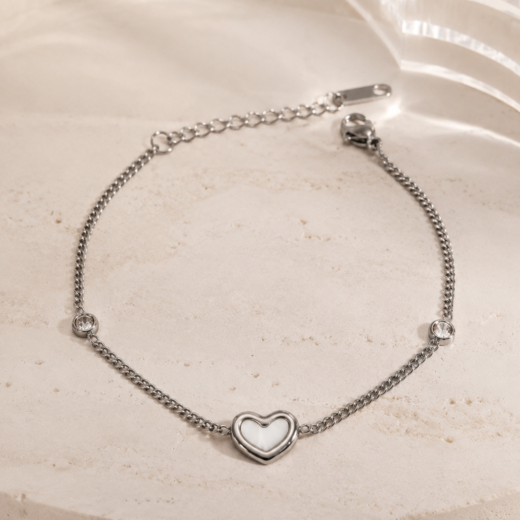 Pulseira Feminina Aço Inox 316L Corrente Pingente Coração Pérola e Cristais
