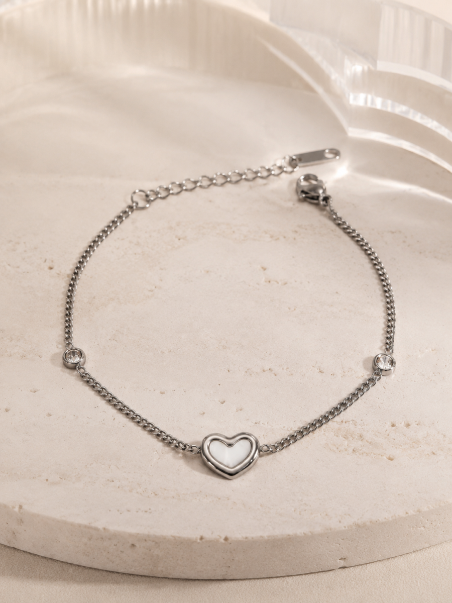 Eternos Acessórios - Pulseira Feminina Aço Inox 316L Corrente Pingente Coração Pérola e Cristais