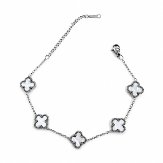 Pulseira Feminina Aço Inox 316L Corrente Trevo Branco