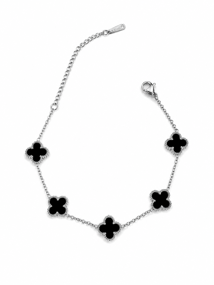 Eternos Acessórios - Pulseira Feminina Aço Inox 316L Corrente Trevo Preto