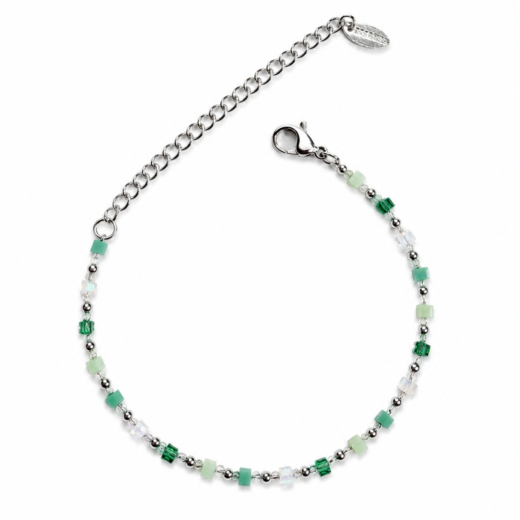 Pulseira Feminina Aço Inox 316L Corrente Bolinha e Cristais Verde Esmeralda