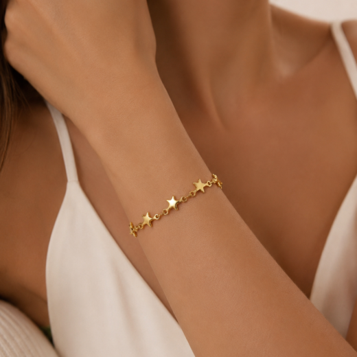 Pulseira Feminina Estrelas Dourada Regulável de 15 a 21 cm em Aço Inoxidável