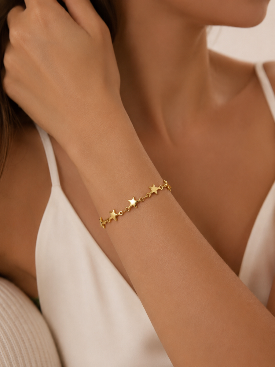 Eternos Acessórios - Pulseira Feminina Estrelas Dourada Regulável de 15 a 21 cm em Aço Inoxidável