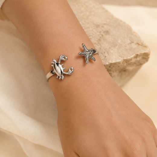 Bracelete Feminino Aço Inox 316L Carangueijo e Estrela