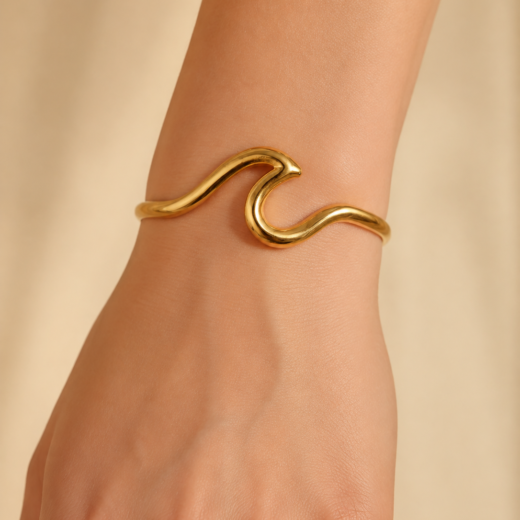 Bracelete Feminino Onda Dourado Ajustável em Aço Inox 316L