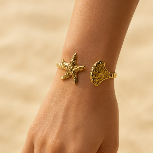 Bracelete Feminino Ajustável Concha e Estrela Dourado em Aço Inox 316L