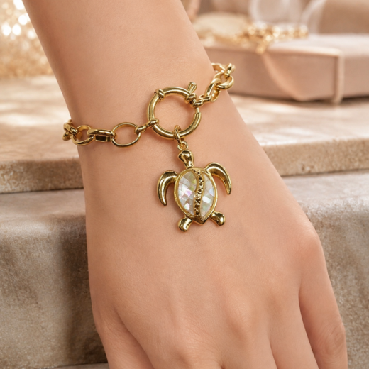 Pulseira Feminina Elo Português Tartaruga Marinha Madri Pérola Dourado em Aço Inox 316L