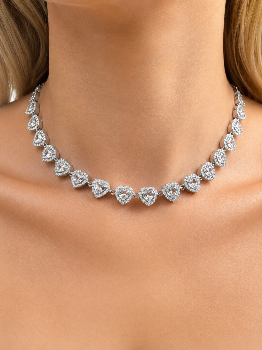 Eternos Acessórios - Gargantilha Feminina Aço Inox Corações Cravejados Cristal Luxo