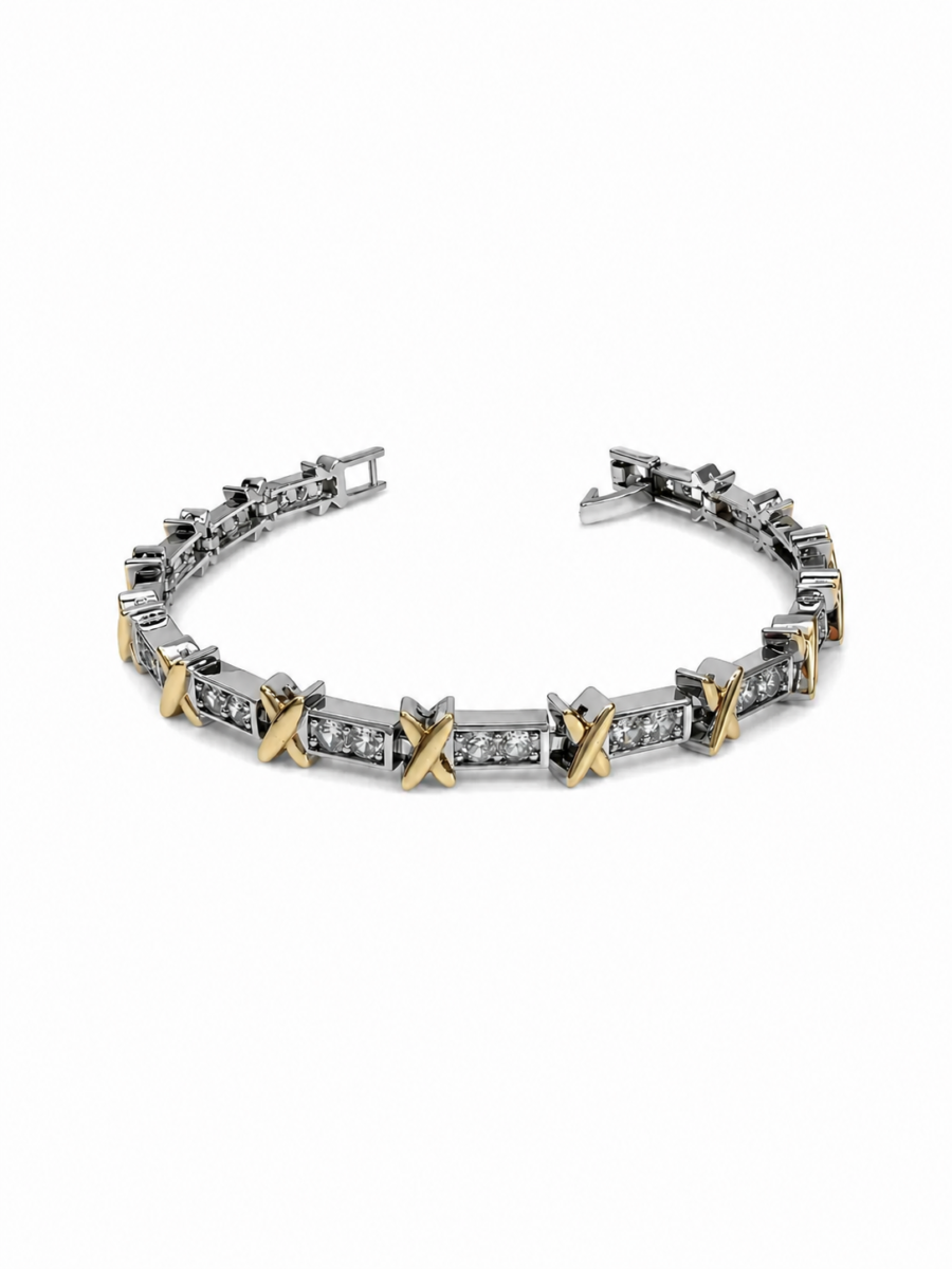 Eternos Acessórios - Pulseira Feminina Riviera Aço Inox 316L Detalhes X Dourados