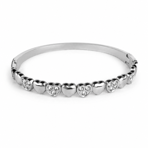 Bracelete Feminino Aço Inox 316L Corações Cristais