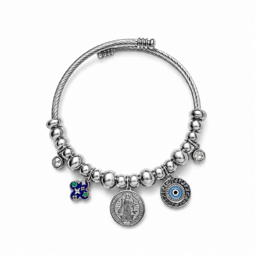 Bracelete Feminino Aço Inox 316L Cabo de Aço São Bento Olho Grego Cristal