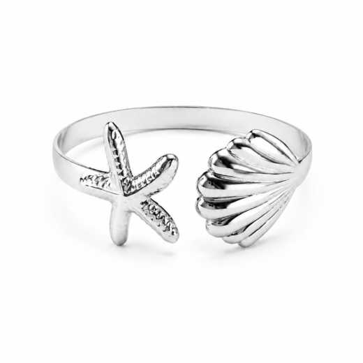 Bracelete Feminino Aço Inox 316L Estrela Do Mar e Concha Shell Grande Regulável