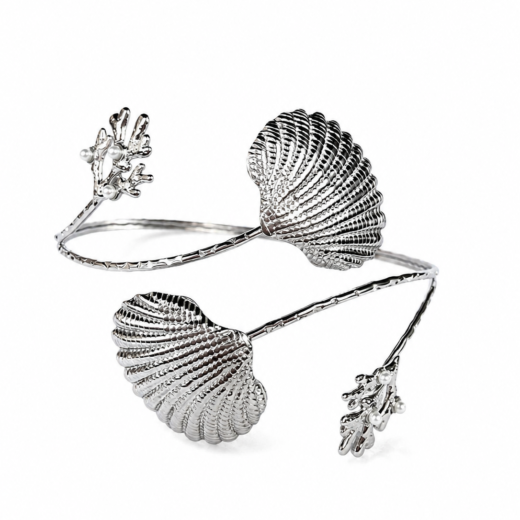 Bracelete Feminino Aço Inox 316L Algas Marinhas e Concha Shell Regulável
