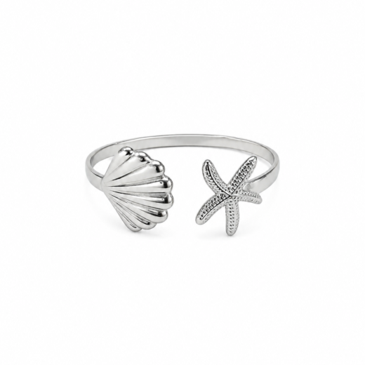 Bracelete Feminino Aço Inox 316L Estrela do Mar e Concha Shell Regulável