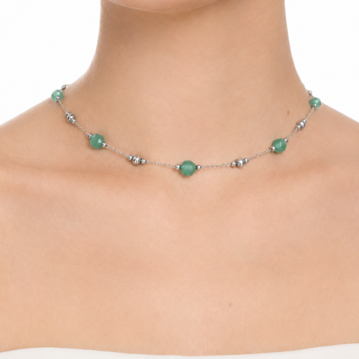 Gargantilha Feminina Aço Inox Cristais Verde Bolinha Regulável 33 a 45 cm