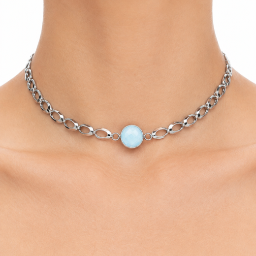 Gargantilha Feminina Aço Inox Pingente Azul Opal Regulável 33 a 45cm