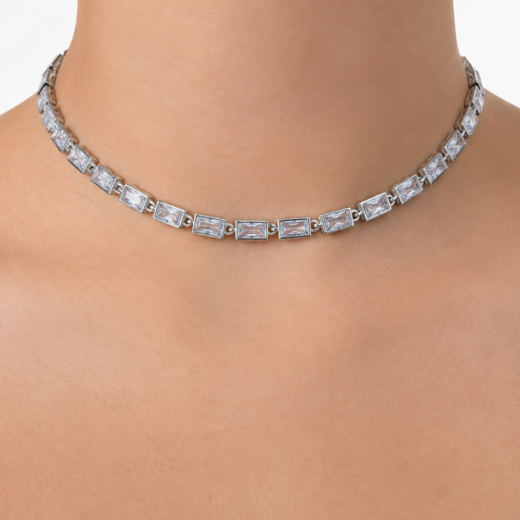 Gargantilha Feminina Aço Inox Riviera Cristal Retângulo Regulável
