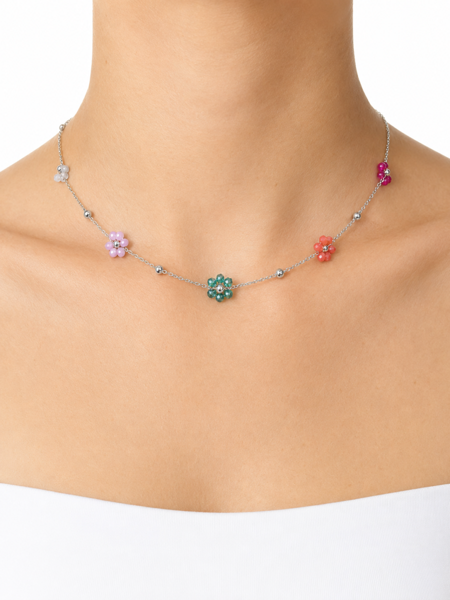Eternos Acessórios - Gargantilha Feminina Aço Inox Bolinha e Flores Coloridas Regulável 33 a 45cm