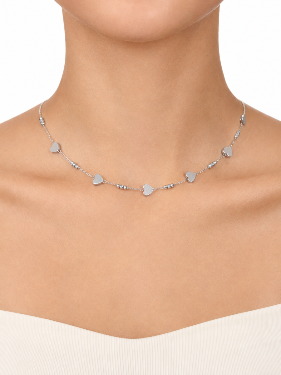 Eternos Acessórios - Gargantilha Feminina Aço Inox Coração Liso e Bolinha Regulável 33 a 45cm