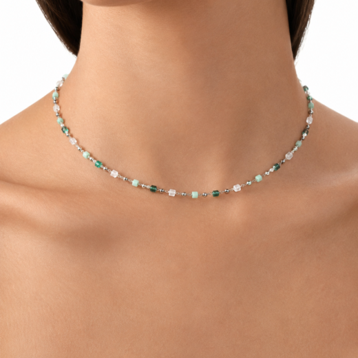 Gargantilha Feminina Aço Inox Cristais Verde e Bolinha Regulável 33 a 45cm