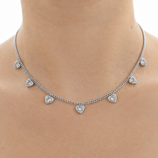 Gargantilha Feminina Aço Inox Corações de Zircônea Cristal
