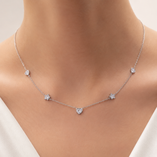Gargantilha Feminina Aço Inox Estrelas e Corações de Cristal