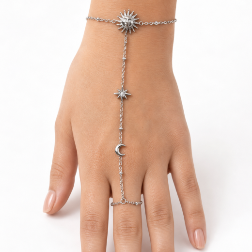 Pulseira Feminina Aço Inox 316L Hand Chain Sol Lua Estrela