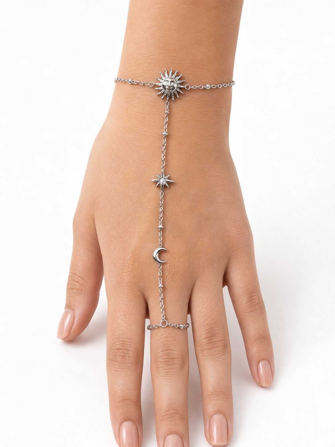 Eternos Acessórios - Pulseira Feminina Aço Inox 316L Hand Chain Sol Lua Estrela Pulseira Feminina Aço Inox 316L Hand Chain Sol Lua Estrela