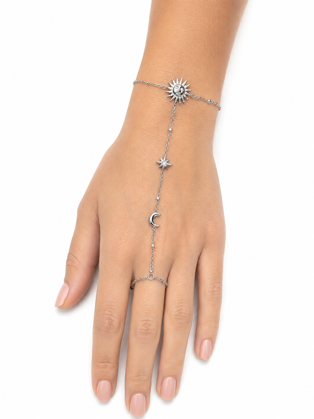 Eternos Acessórios - Pulseira Feminina Aço Inox 316L Hand Chain Sol Lua Estrela Pulseira Feminina Aço Inox 316L Hand Chain Sol Lua Estrela - Imagem 2