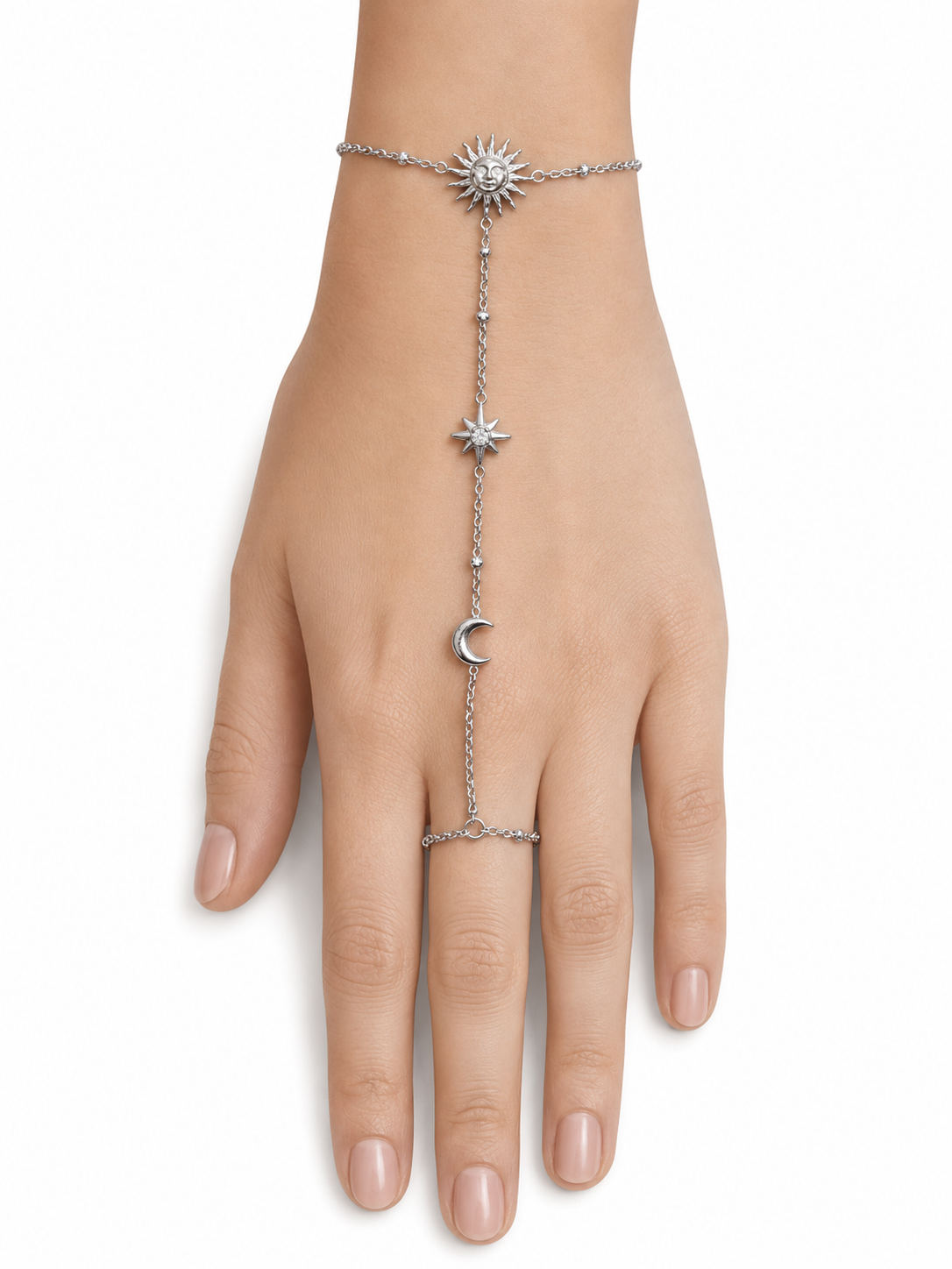 Eternos Acessórios - Pulseira Feminina Aço Inox 316L Hand Chain Sol Lua Estrela Pulseira Feminina Aço Inox 316L Hand Chain Sol Lua Estrela - Imagem 3