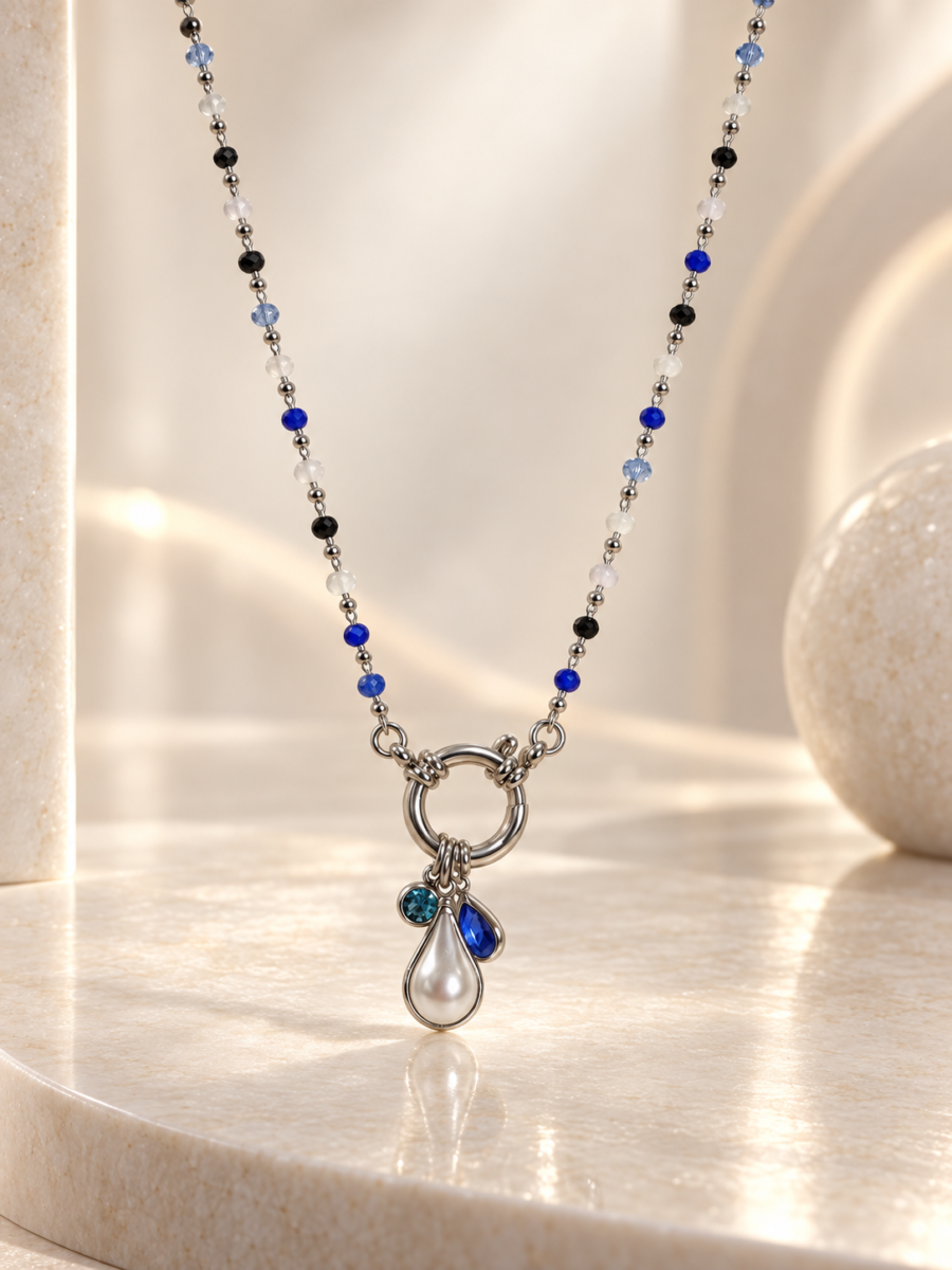 Eternos Acessórios - Colar Feminino Aço Inox 316L Cristais Azul Sáfira Pérola 45cm